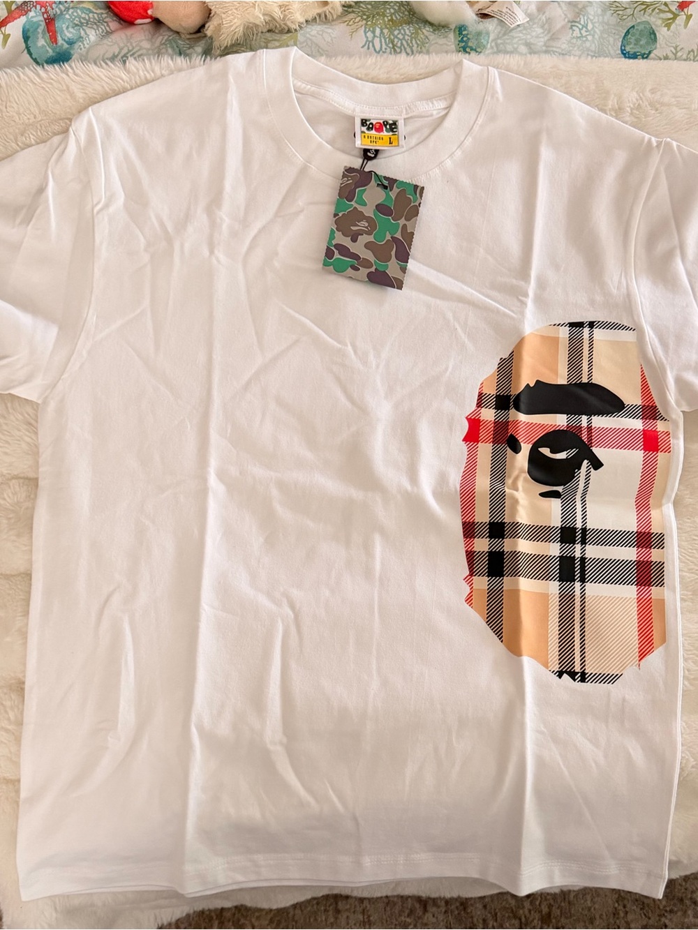 BAPE Inspired Men’s White Graphic Short-Sleeve T-Shirt -  Plaid Ape Head